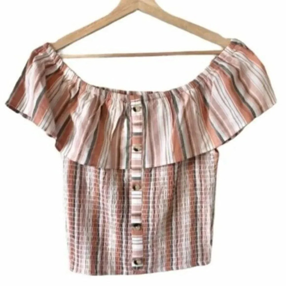Boutique Dizzire Striped Button Down Off Shoulder Short Sleeve Crop Top S - Picture 1 of 3